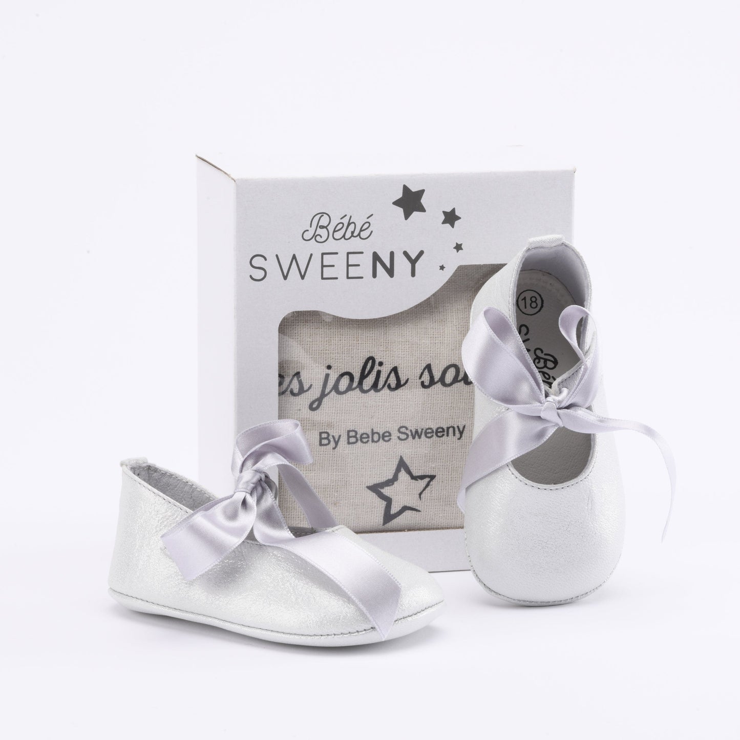 Girls Silver Leather Pre-Walker Shoes with Satin Ribbon