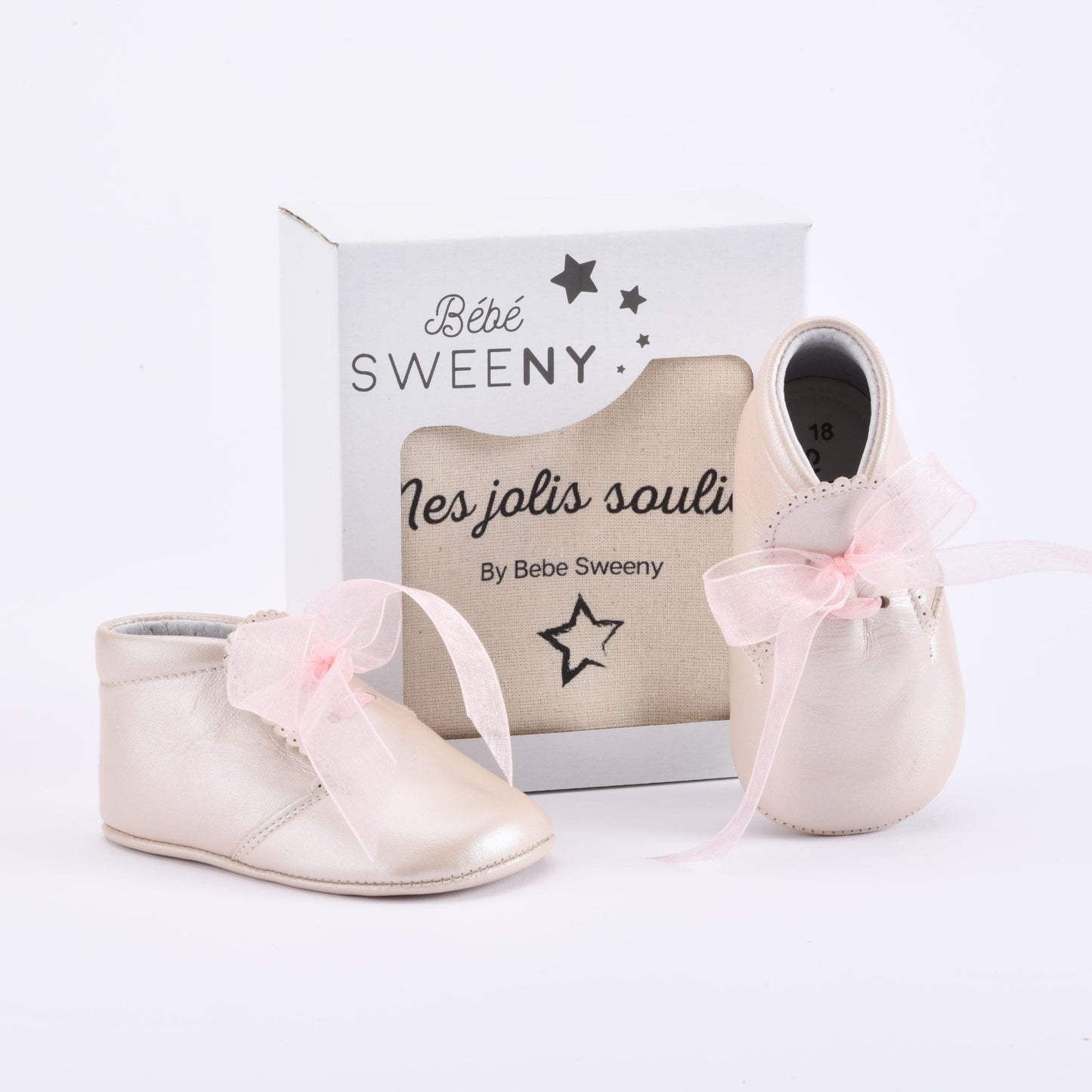 Girls Pearly Pink Leather Pre-Walker Shoes with Organza Ribbon