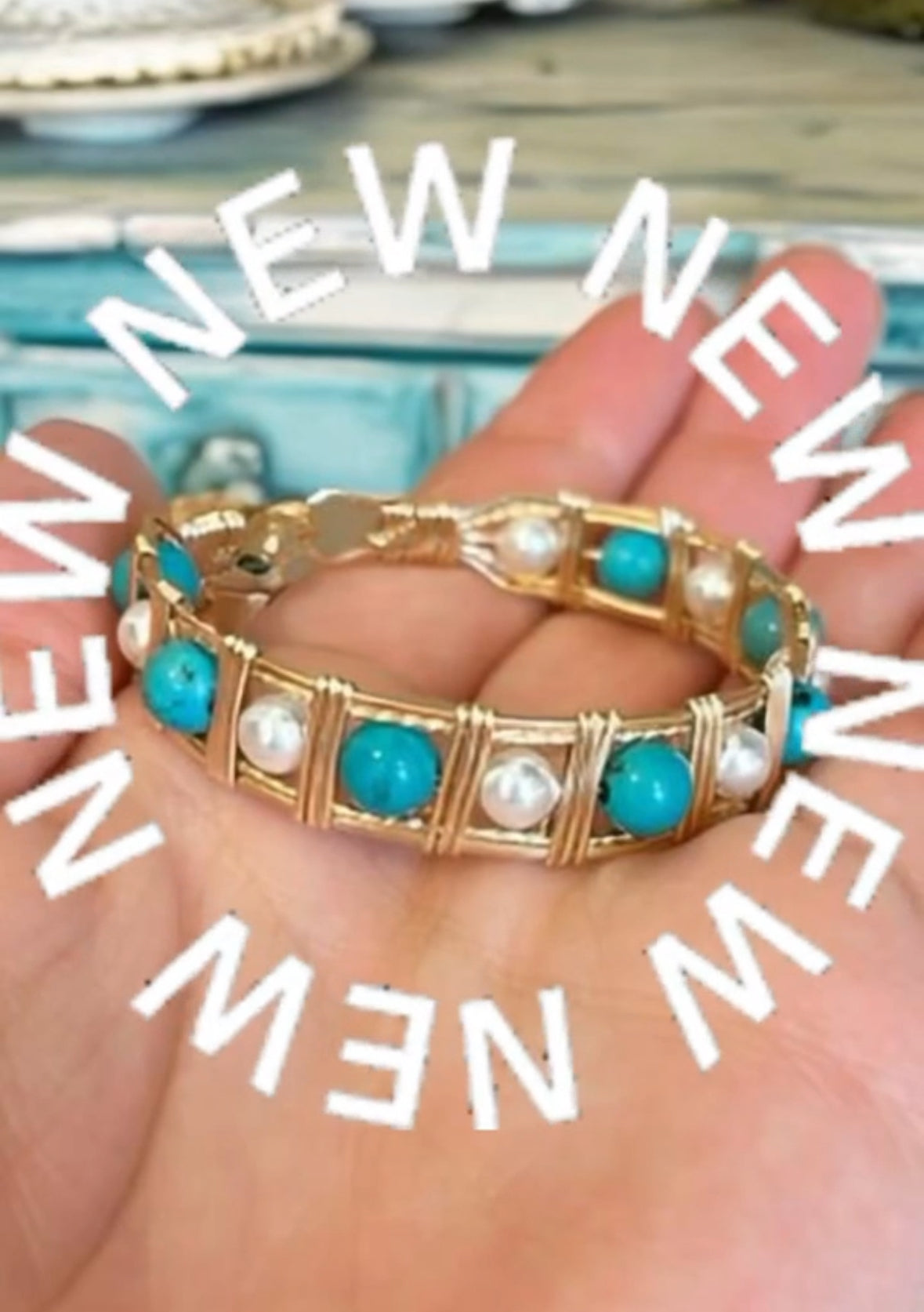 14KT Gold Filled Wire Bracelet with Turquoise & Pearl Beads