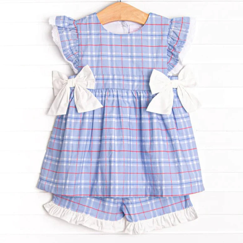 Girls Blue Plaid Short Set