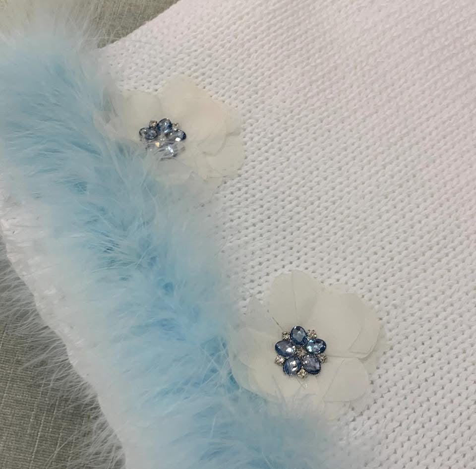 White Knit Set with Blue Marabou & Crystal Flowers
