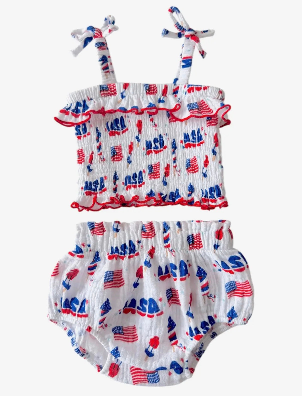 Muslin Smocked Ruffle Top & Bloomer, 4th of July