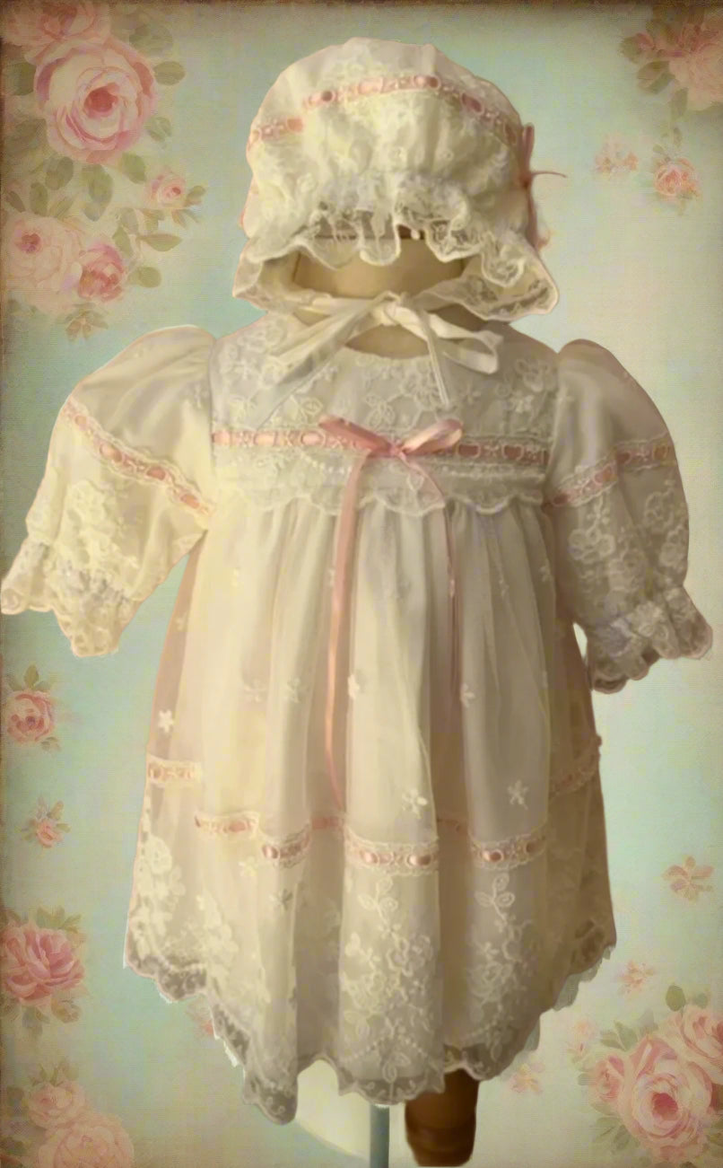 Ivory Lace Gown with Pink Ribbon