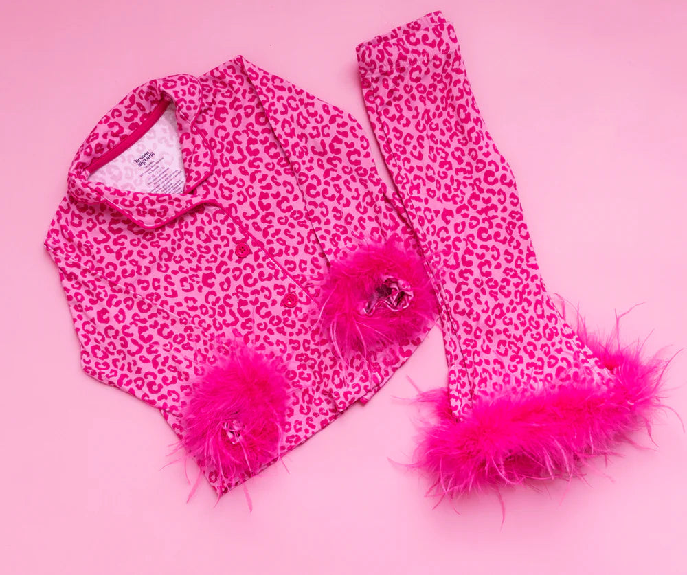 Girls Pink Leopard Feathered Flare PJ Set
