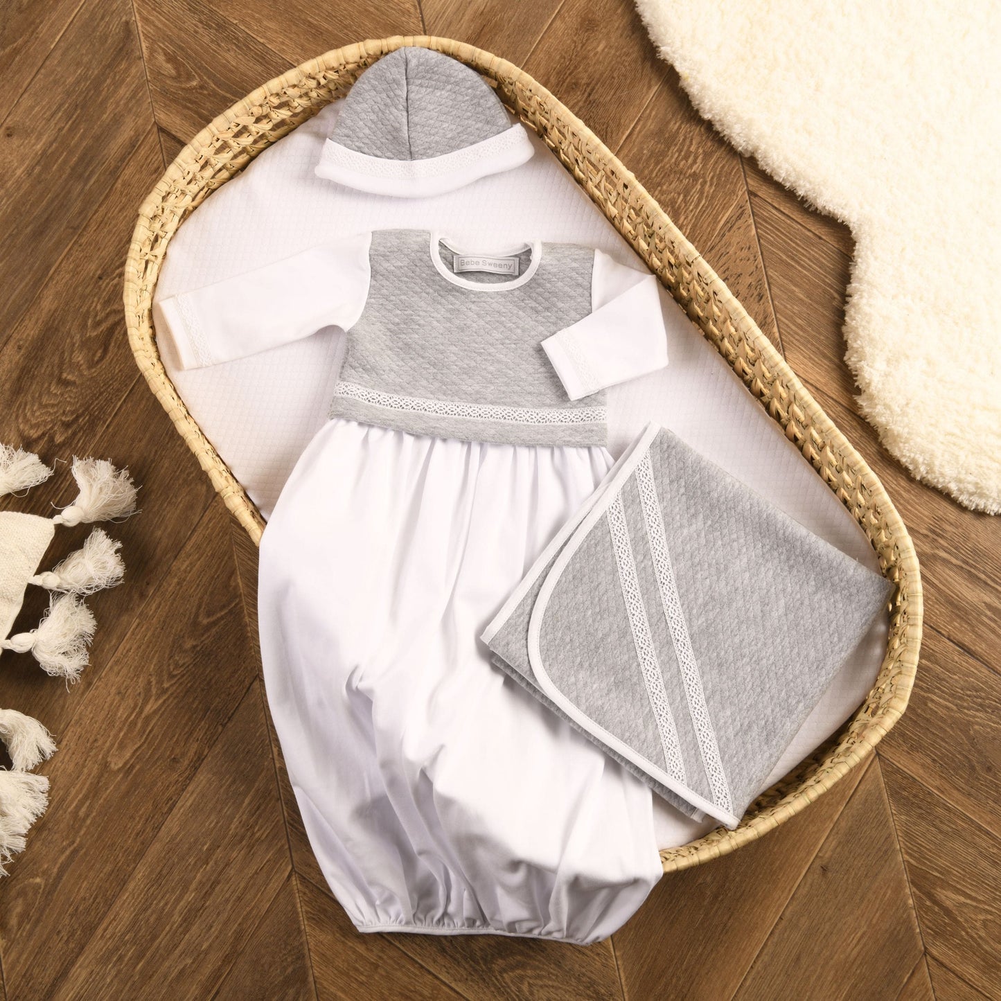 Baby White & Grey Cotton Gown Set