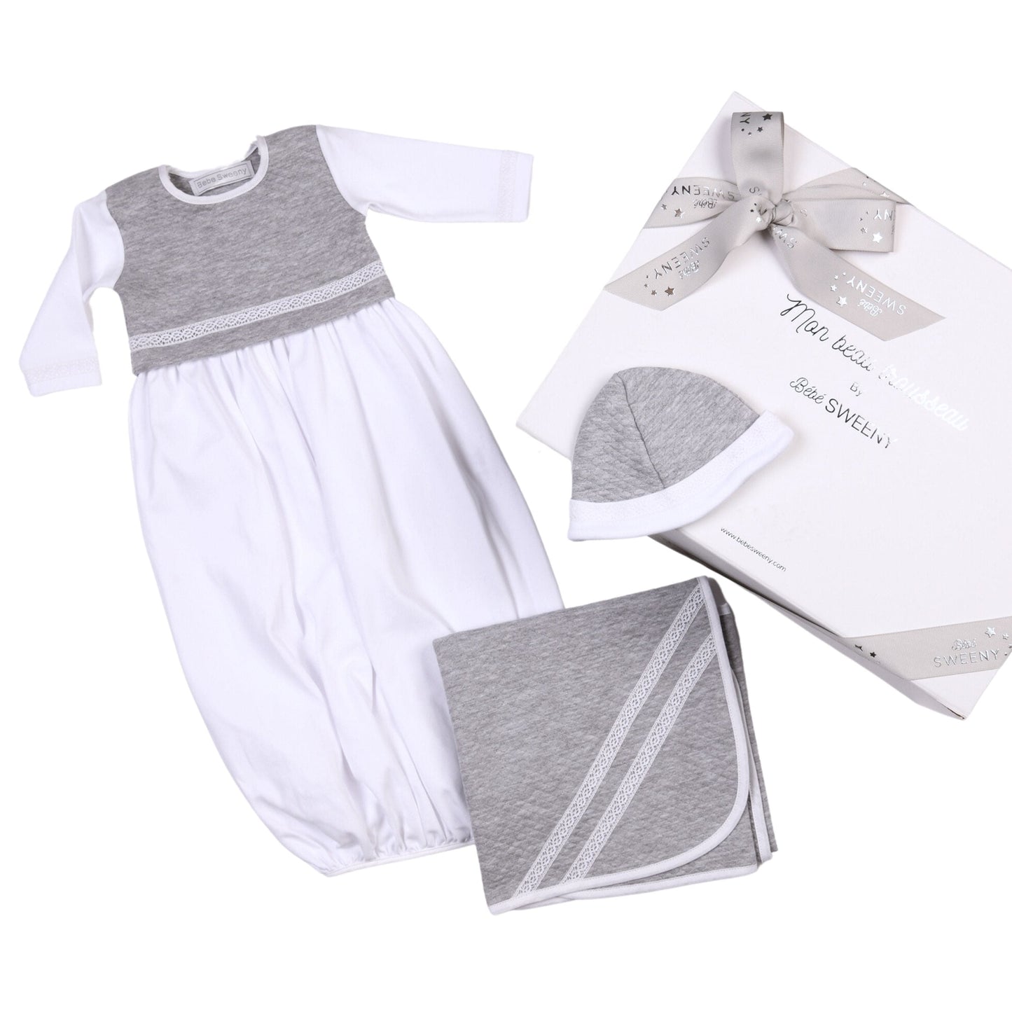 Baby White & Grey Cotton Gown Set