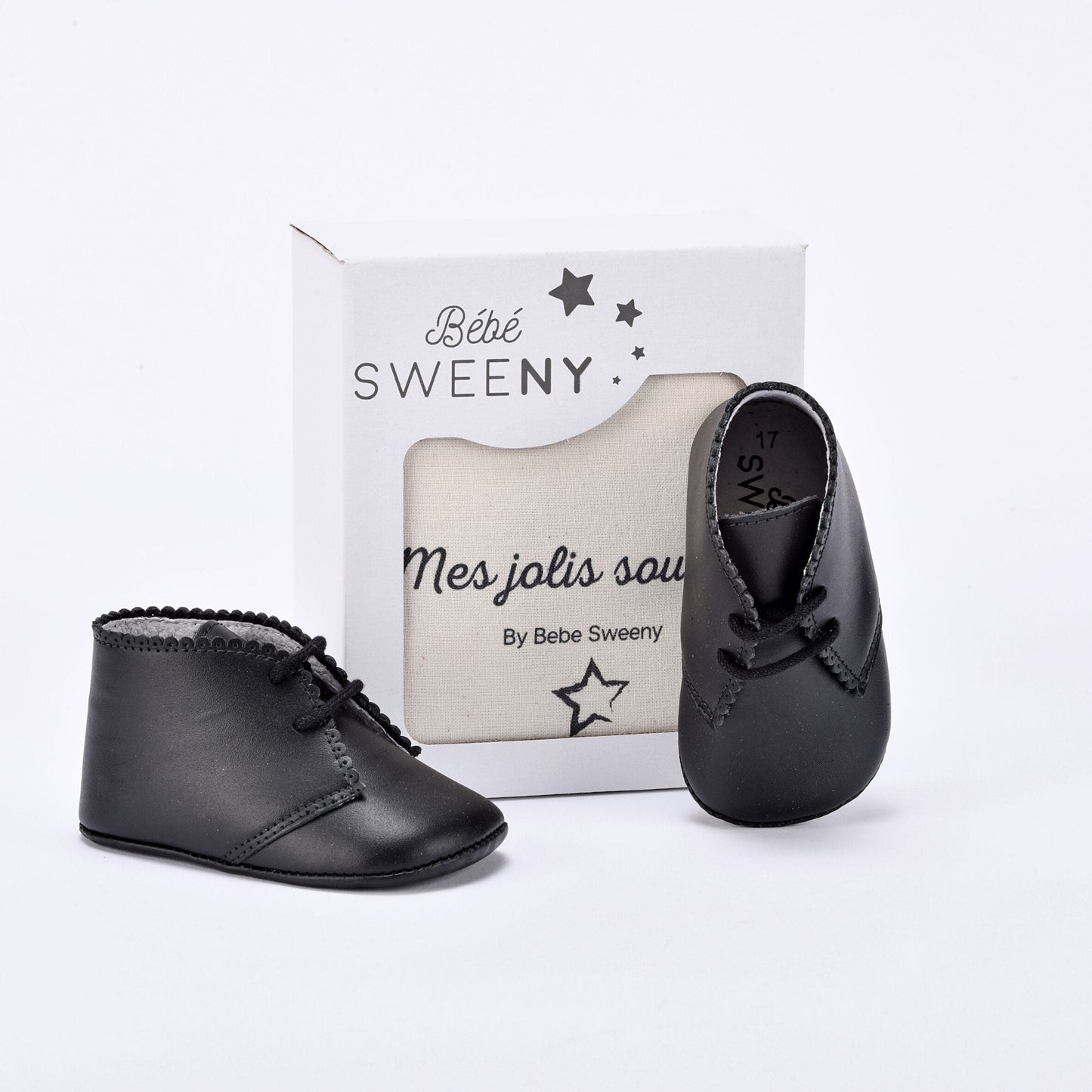 Boys Black Leather Pre-Walker Lace Shoes with Scalloped Edge