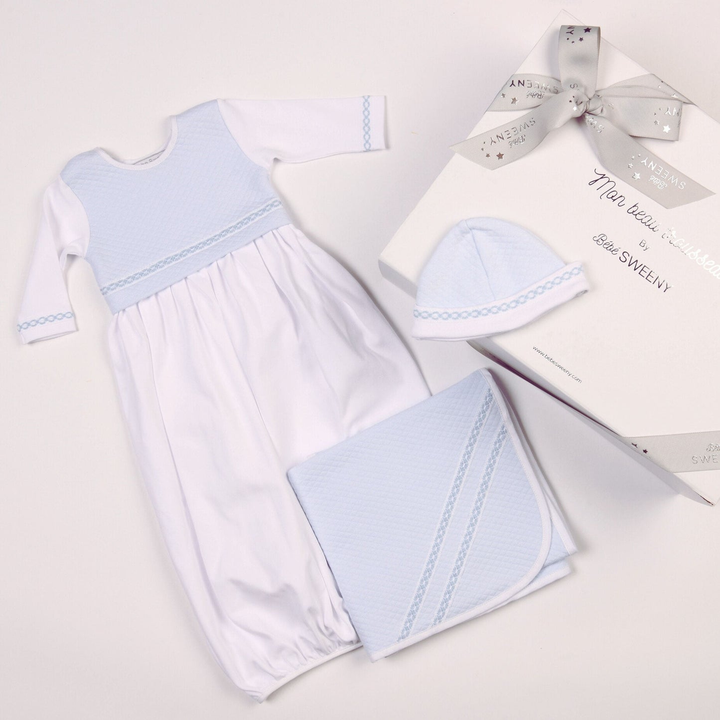 Baby White & Blue Cotton Gown Set (3)