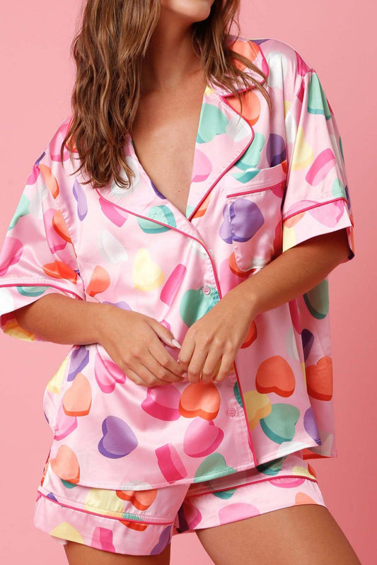 Pink Pastel Hearts Shirt and Shorts Satin Pajama Set