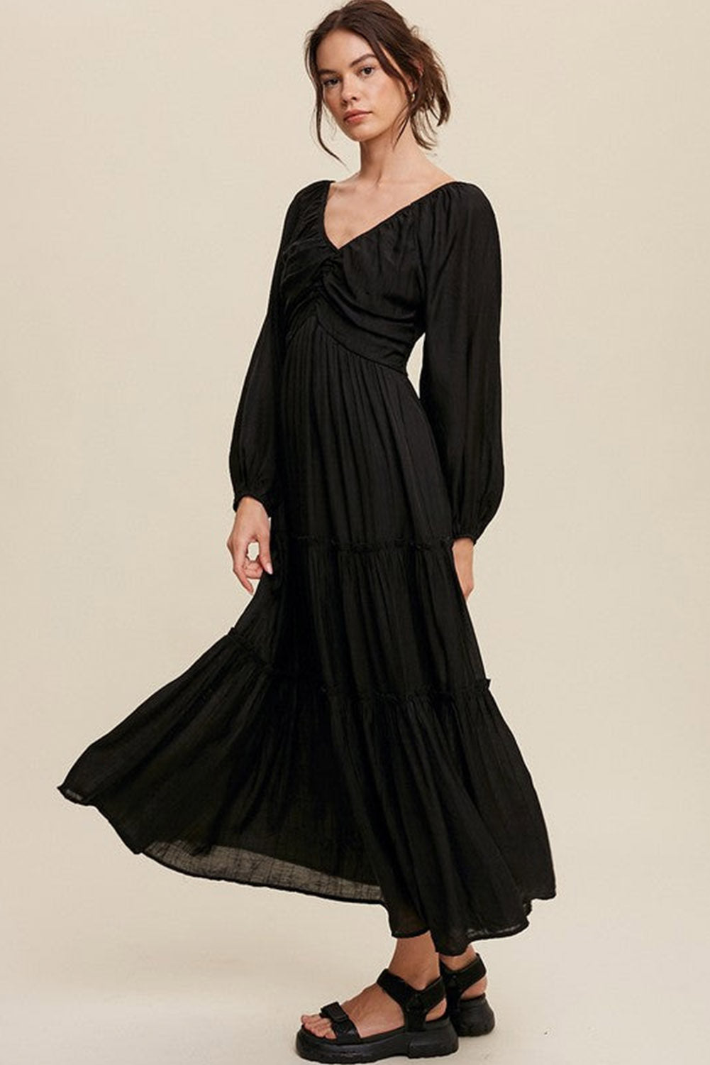 Black V Neck Bowknot Cutout Frill Tiered Maxi Dress