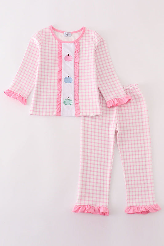 Pink pumpkin embroidery plaid PJ’s