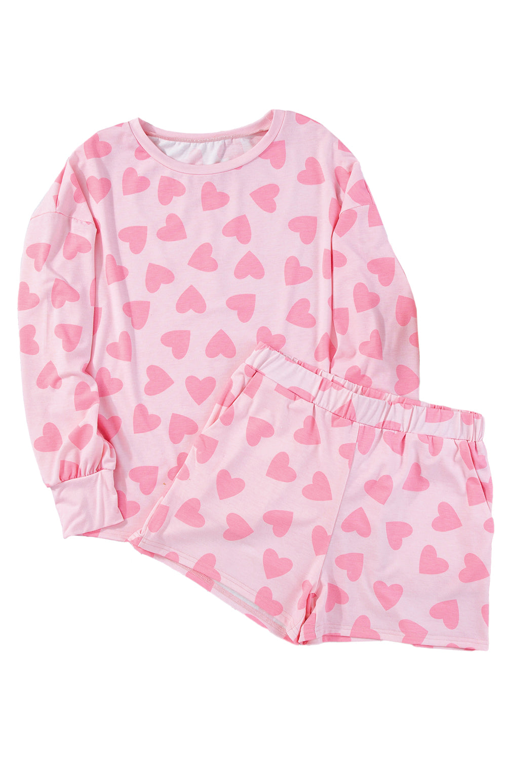 Pink Heart Shape Print Long Sleeve Top Shorts Lounge Set