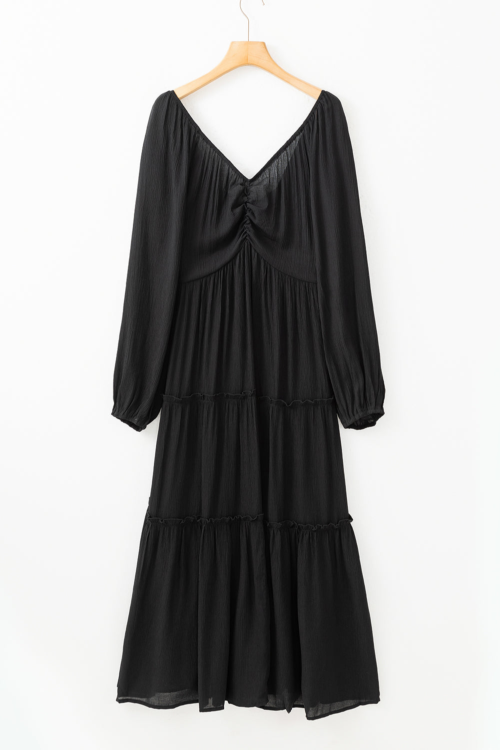 Black V Neck Bowknot Cutout Frill Tiered Maxi Dress