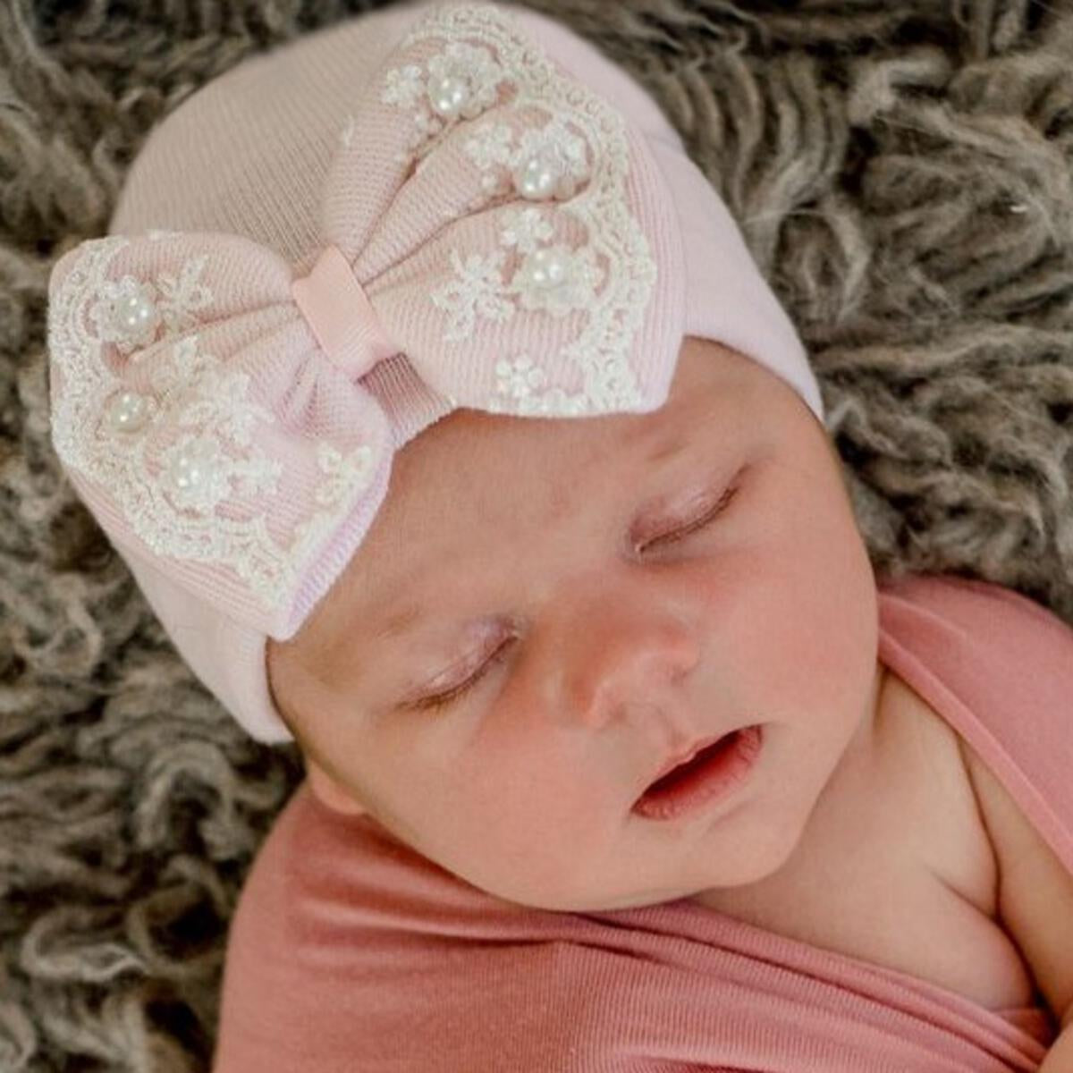 Pink Bow with Lace Trim Nursery Hat