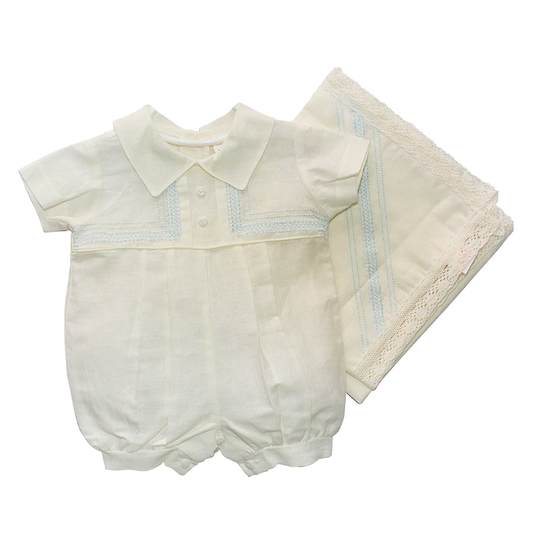 Linen romper with blue trim