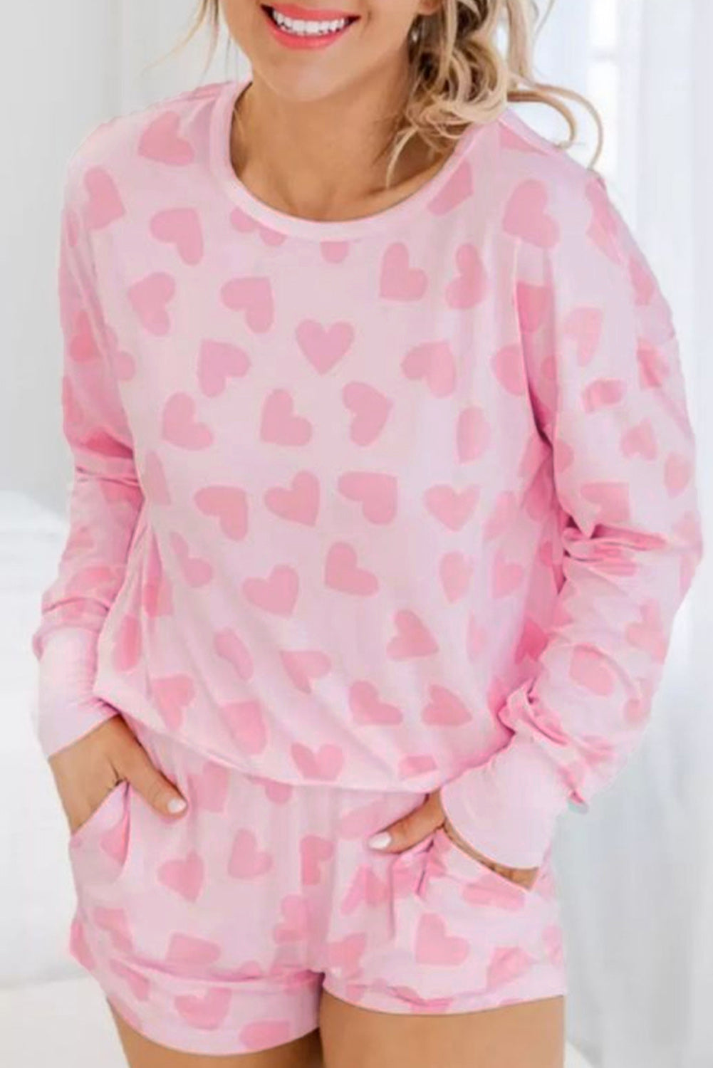 Pink Heart Shape Print Long Sleeve Top Shorts Lounge Set