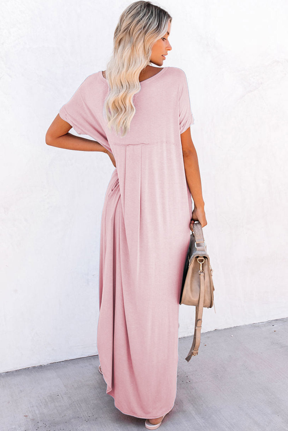 Pink V Neck Hidden Pocket Splits Maxi T-shirt Dress Pink V Neck Hidden Pocket Splits Maxi T-shirt Dress