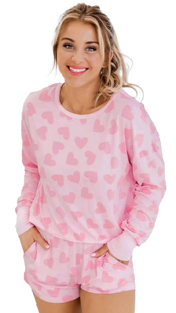 Pink Heart Shape Print Long Sleeve Top Shorts Lounge Set