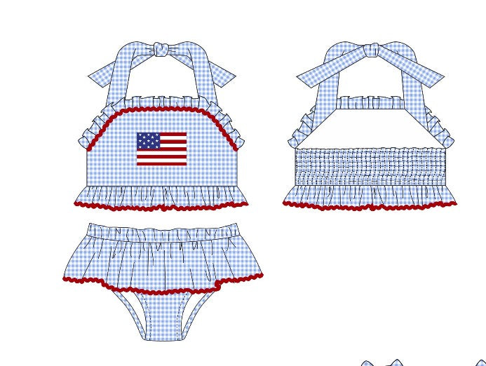 Blue flag applique gingham ruffle 2pc swimsuit