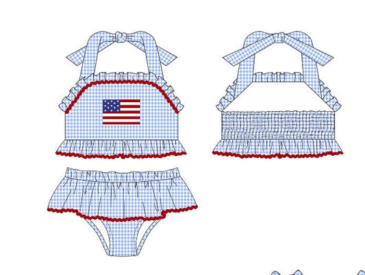 Blue flag applique gingham ruffle 2pc swimsuit