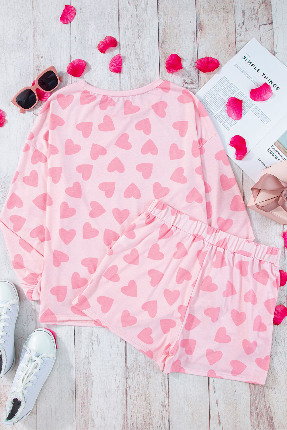 Pink Heart Shape Print Long Sleeve Top Shorts Lounge Set