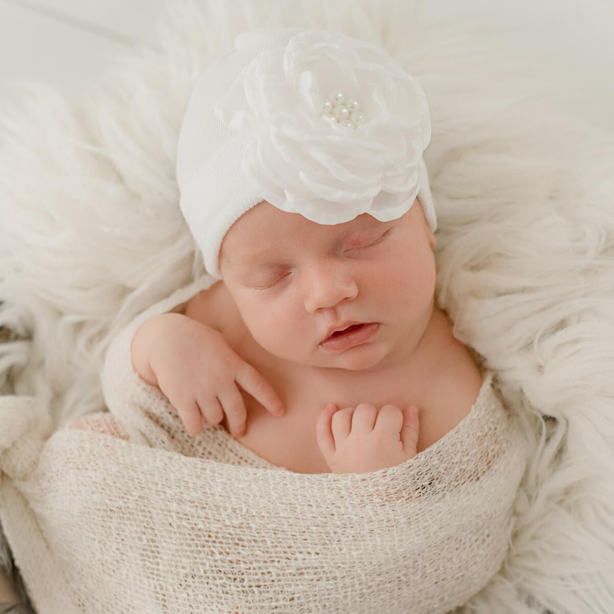 White Silk Rose with Pearl Nursery Hat