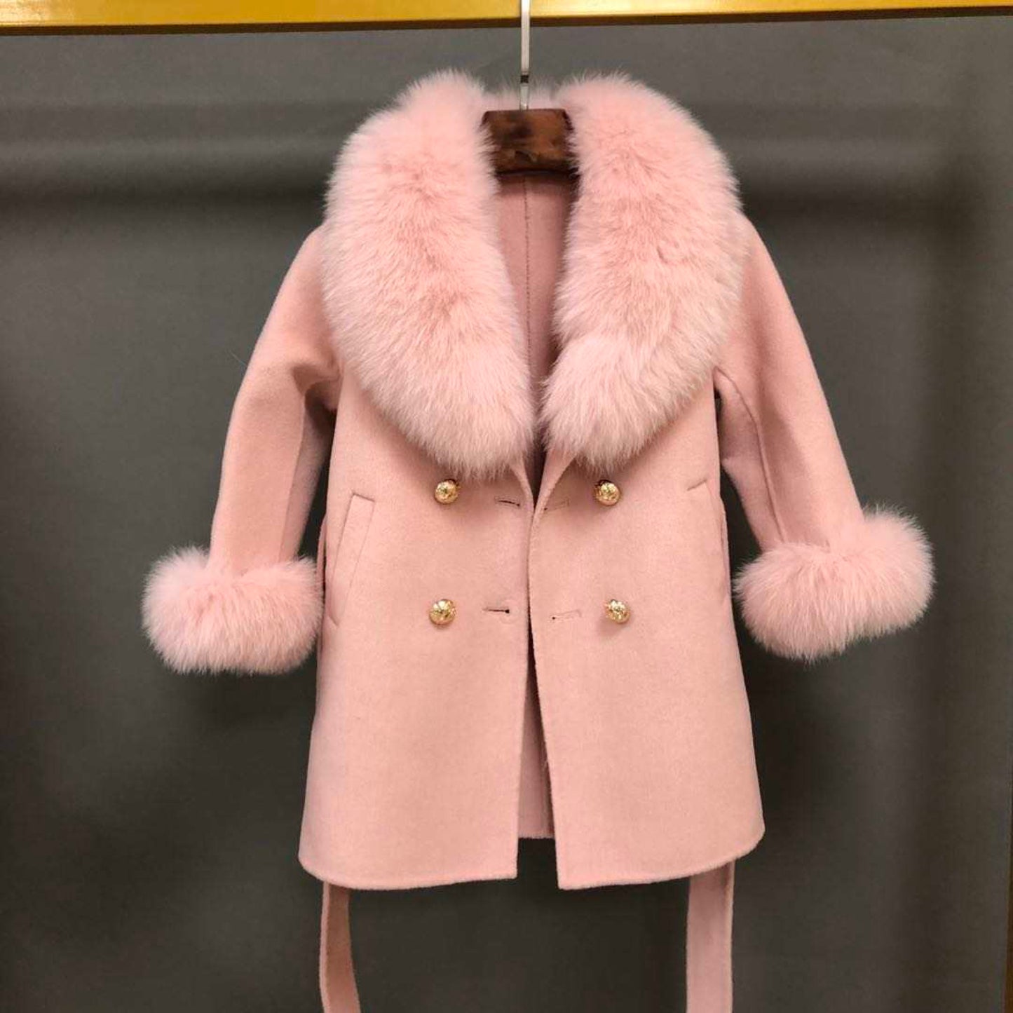 Wool Trench Coat with Fox Fur Collar