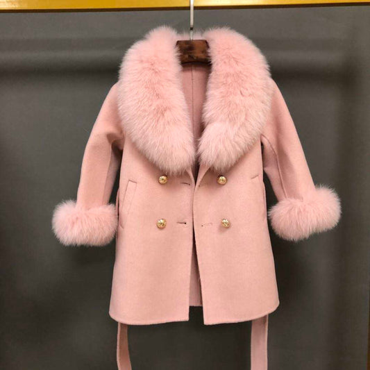 Wool Trench Coat with Fox Fur Collar