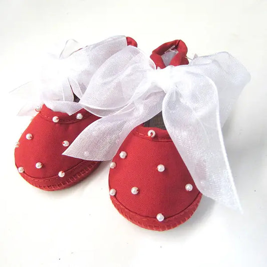 Red Infant Shoes with Ribbon & Pearls