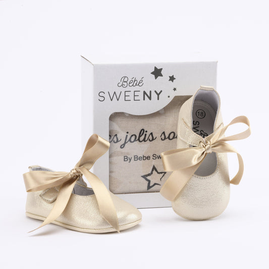 Baby Girls Gold Leather Pre-Walker Shoes I Gold Satin Ribbon