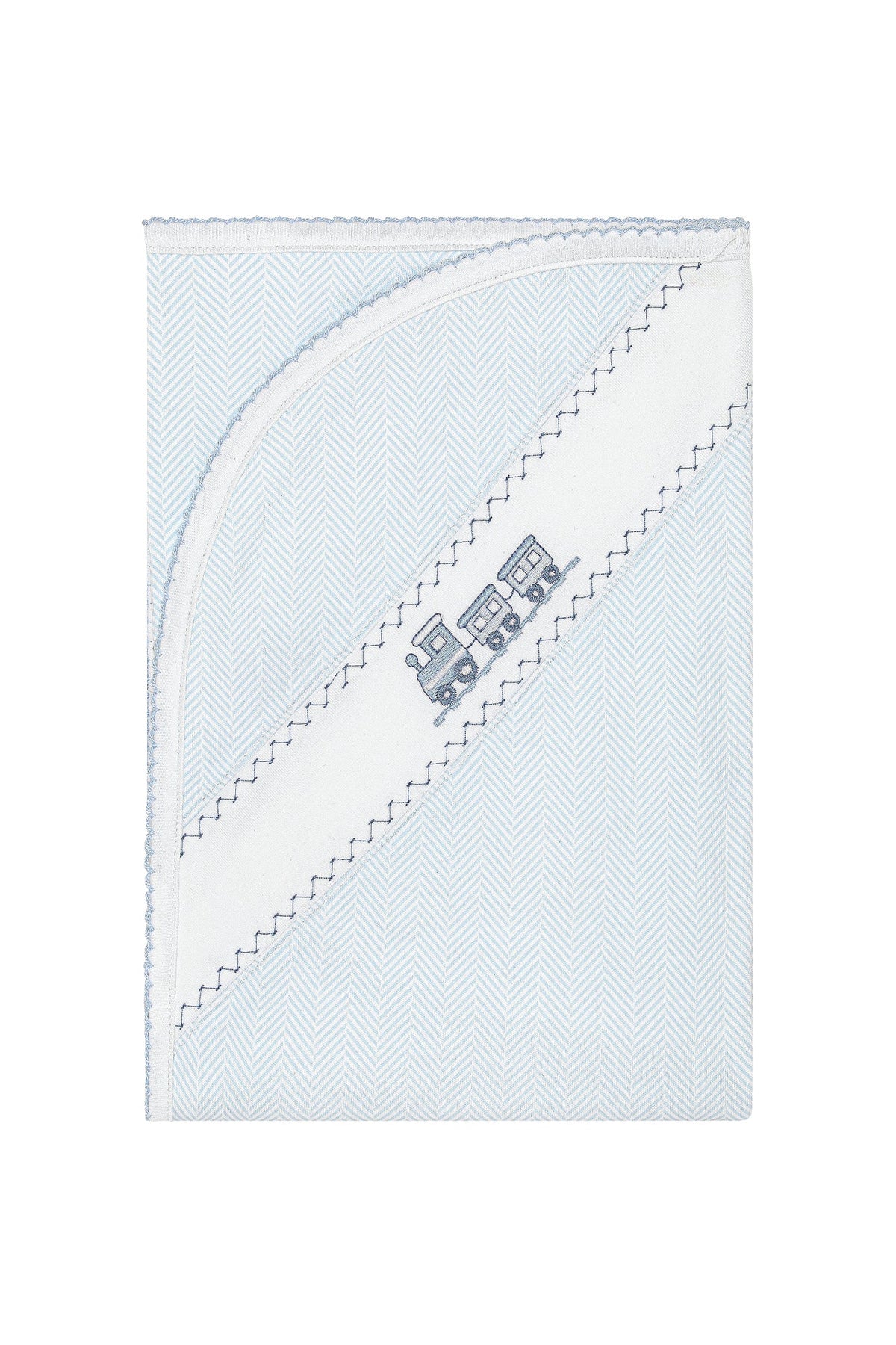 Blue Herringbone Train Embroidered Receiving Blanket