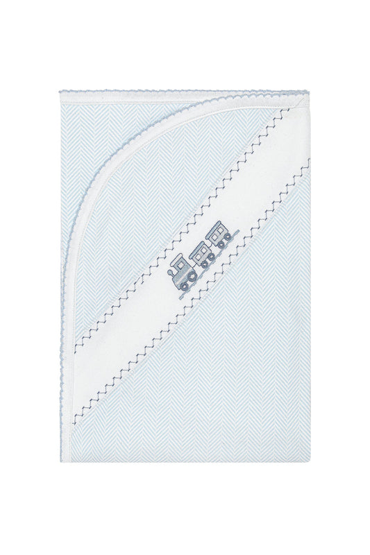 Blue Herringbone Train Embroidered Receiving Blanket