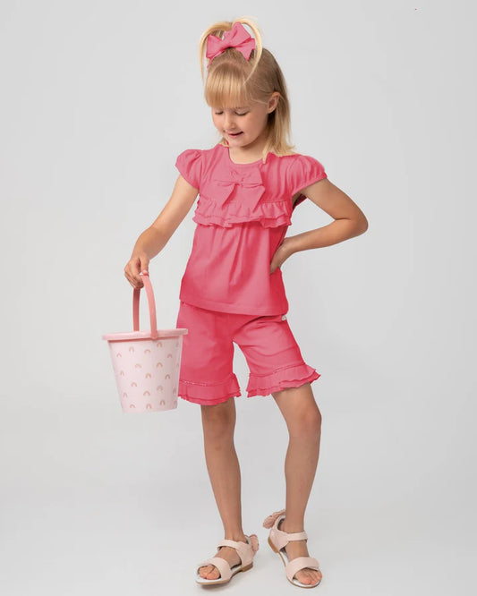 Tiered Frilled Short Set Pink Hot Pink