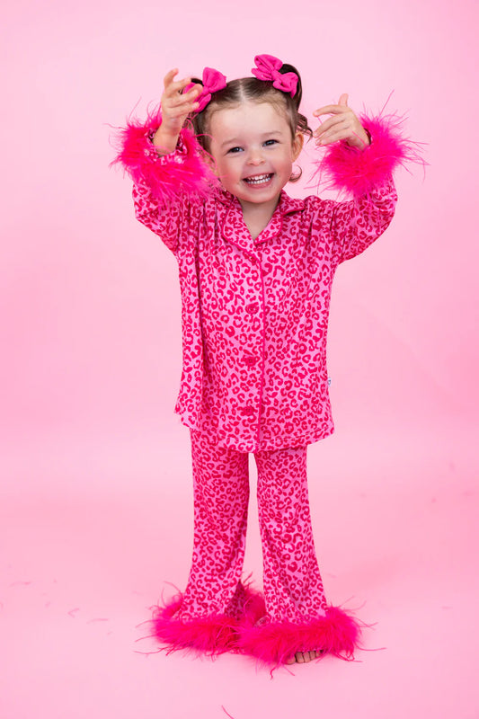 Girls Pink Leopard Feathered Flare PJ Set