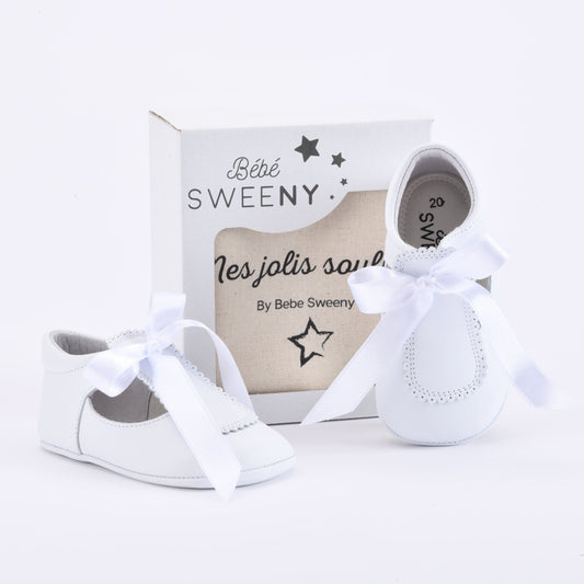 Girls White Leather Pre-Walker Shoes with Satin Ribbon