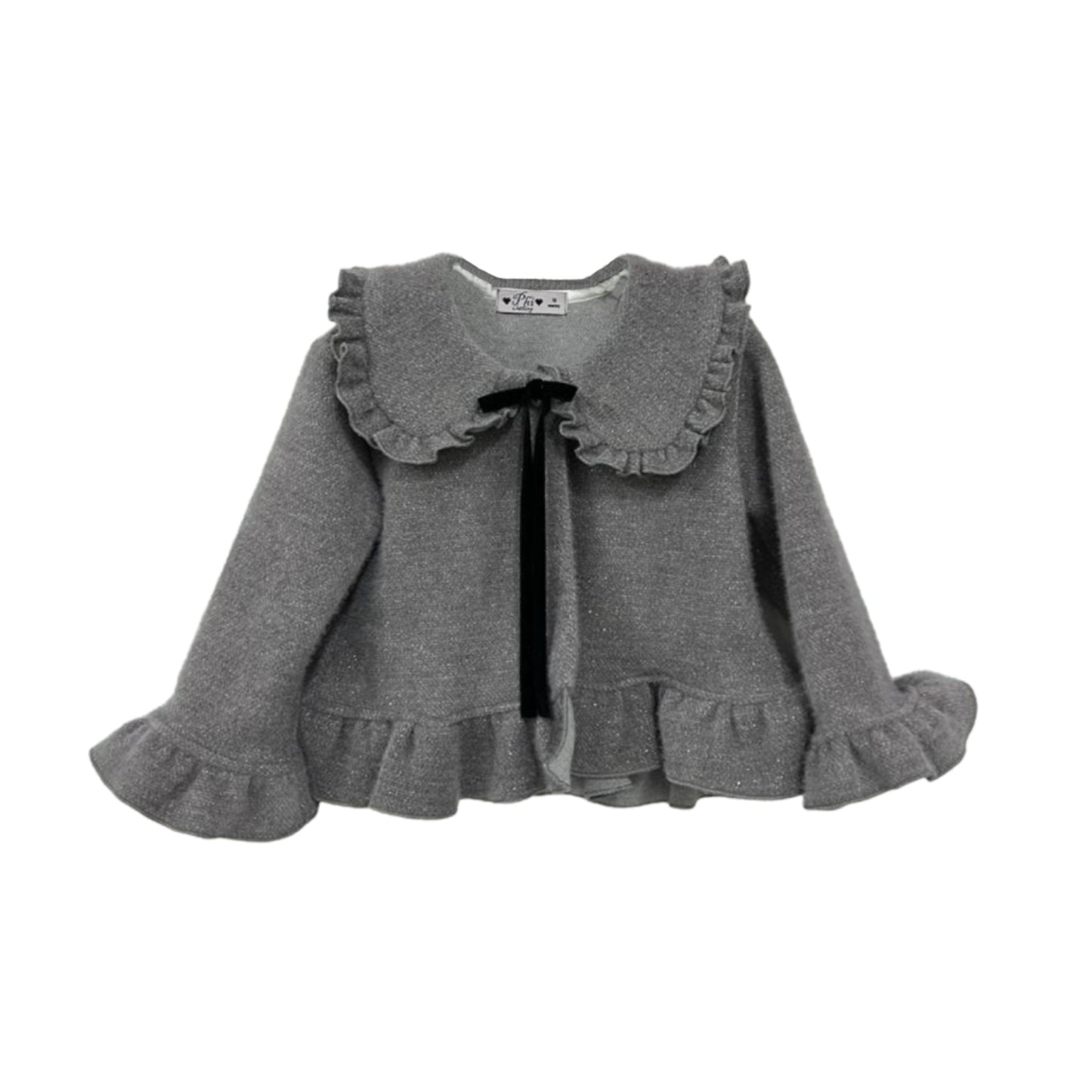Grey Ruffled Top with Black Bow