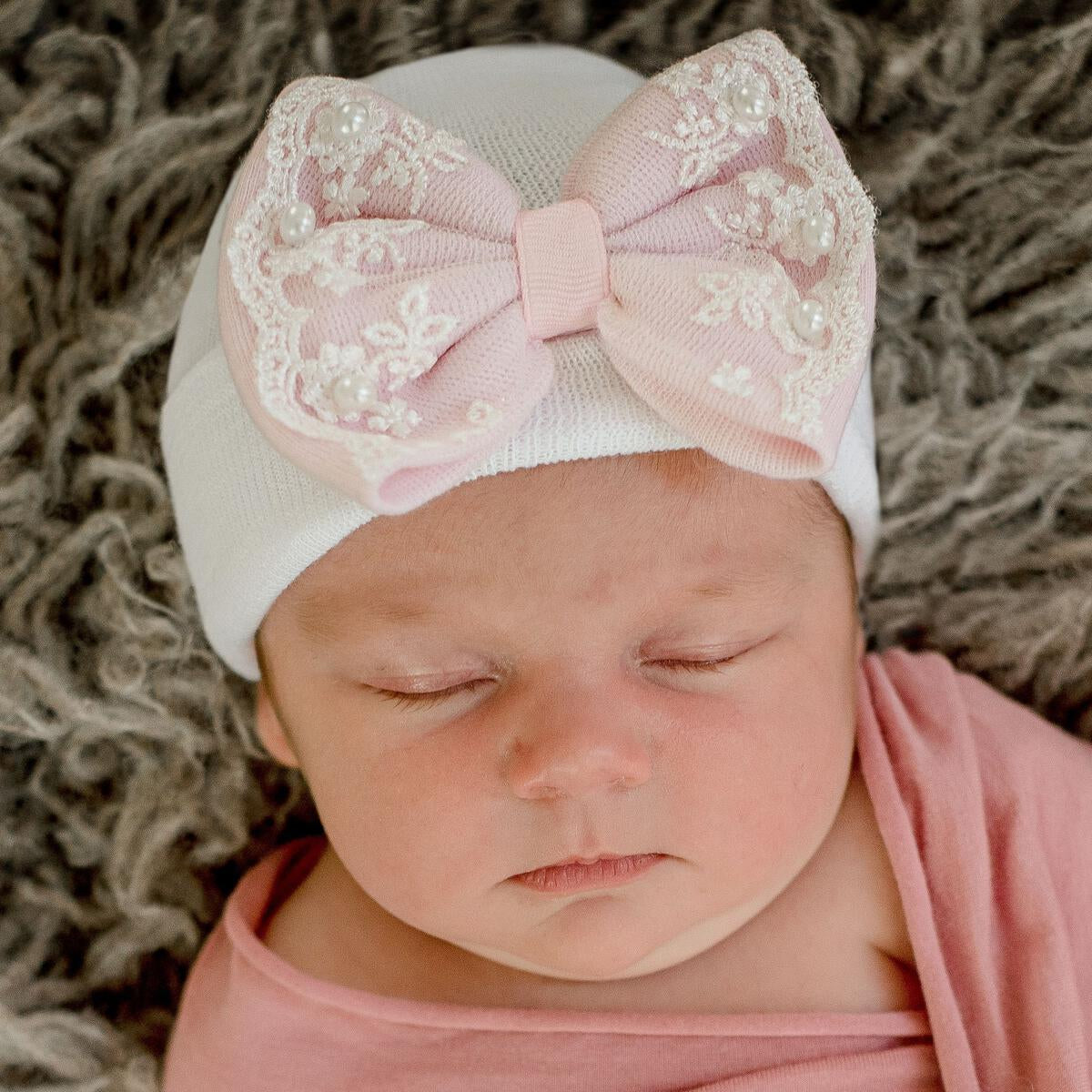 Pink Bow with Lace Trim Nursery Hat