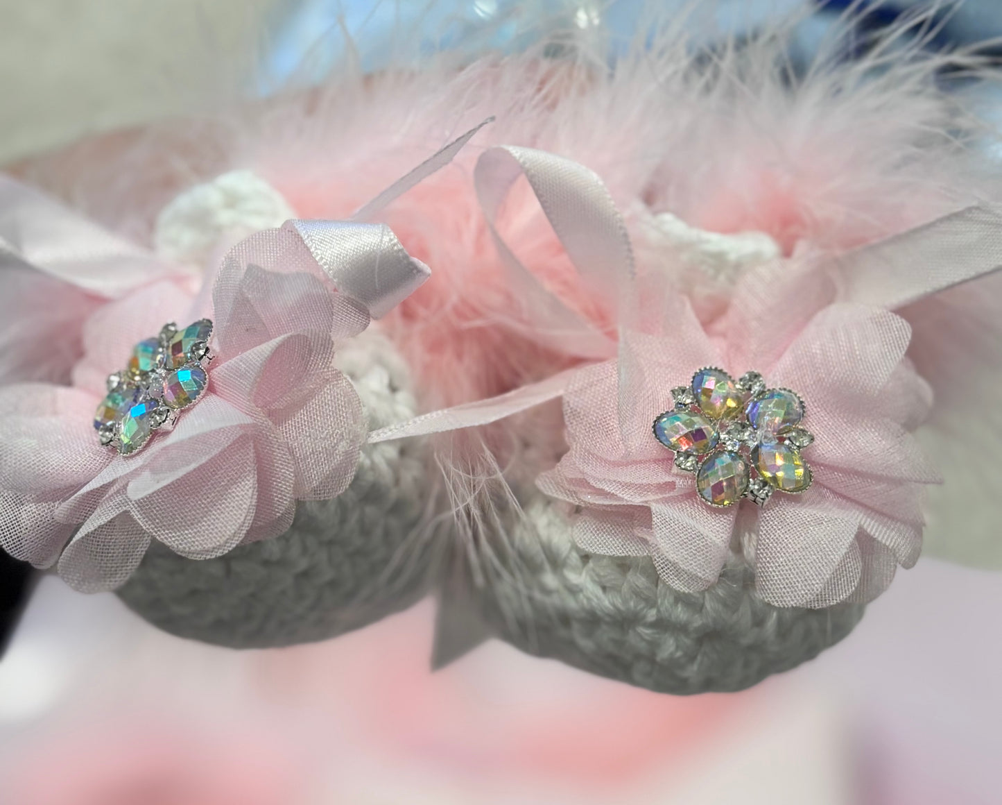 Pink Marabou Set with Crystal Flowers