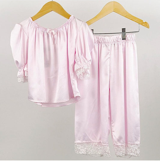 Girls Silk Pajamas with Lace Trim