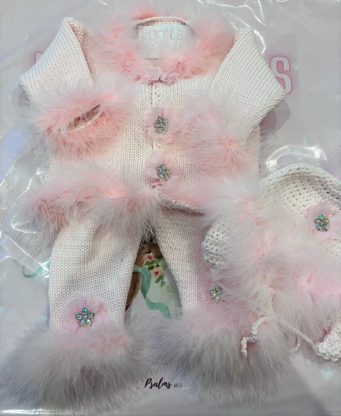 Pink Marabou Set with Crystal Flowers