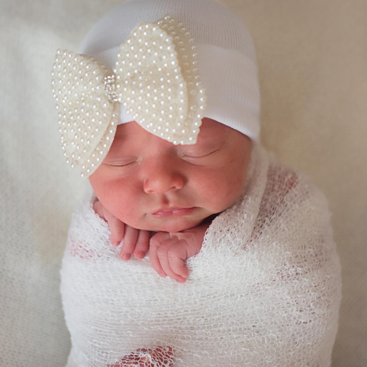 Pearl Bow Nursery Hat White