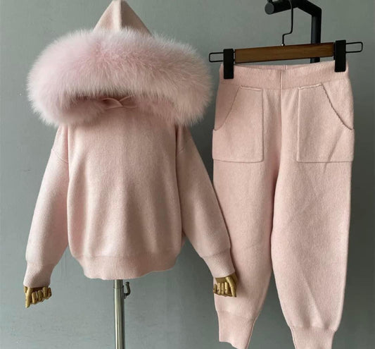 Knit Set with Fox Fur Collar