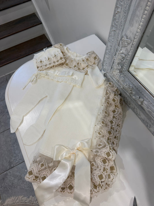 Ivory & Gold Ruffled Spanish Knit Set