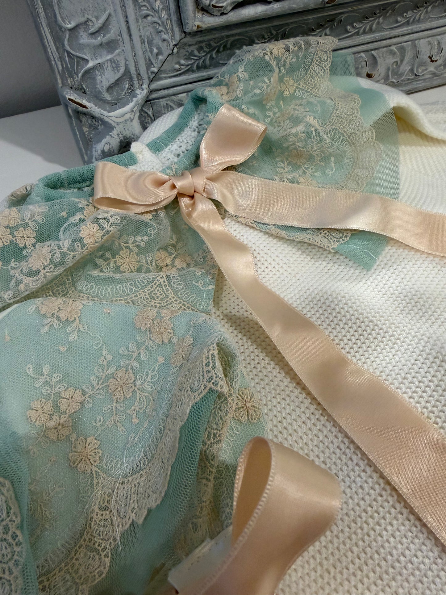Ivory & Vintage Aqua Ruffled Spanish Knit Romper