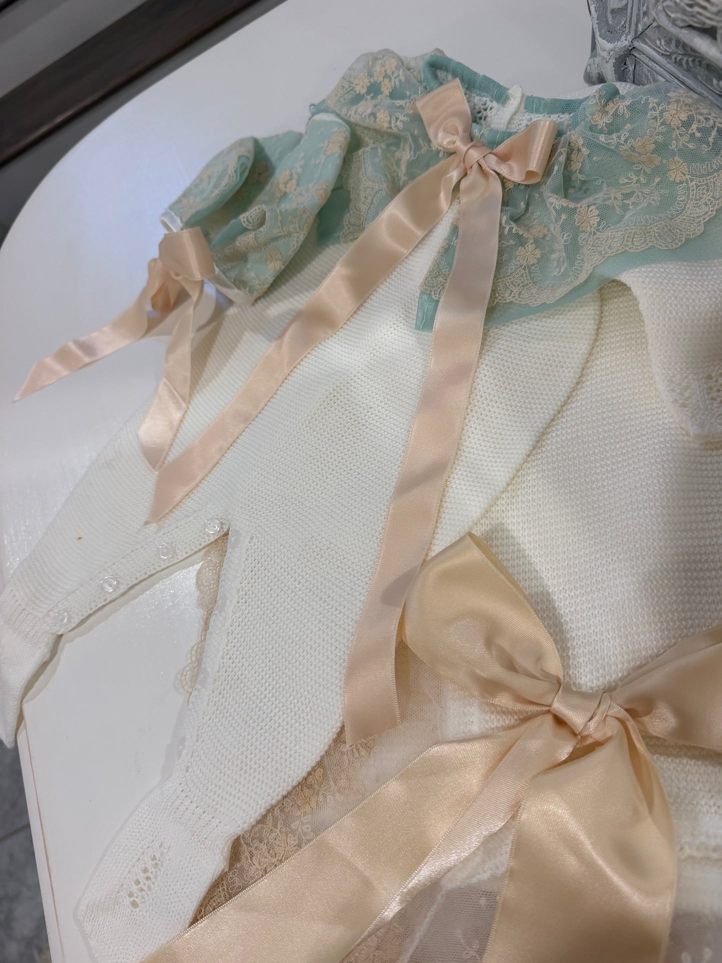 Ivory & Vintage Aqua Ruffled Spanish Knit Romper
