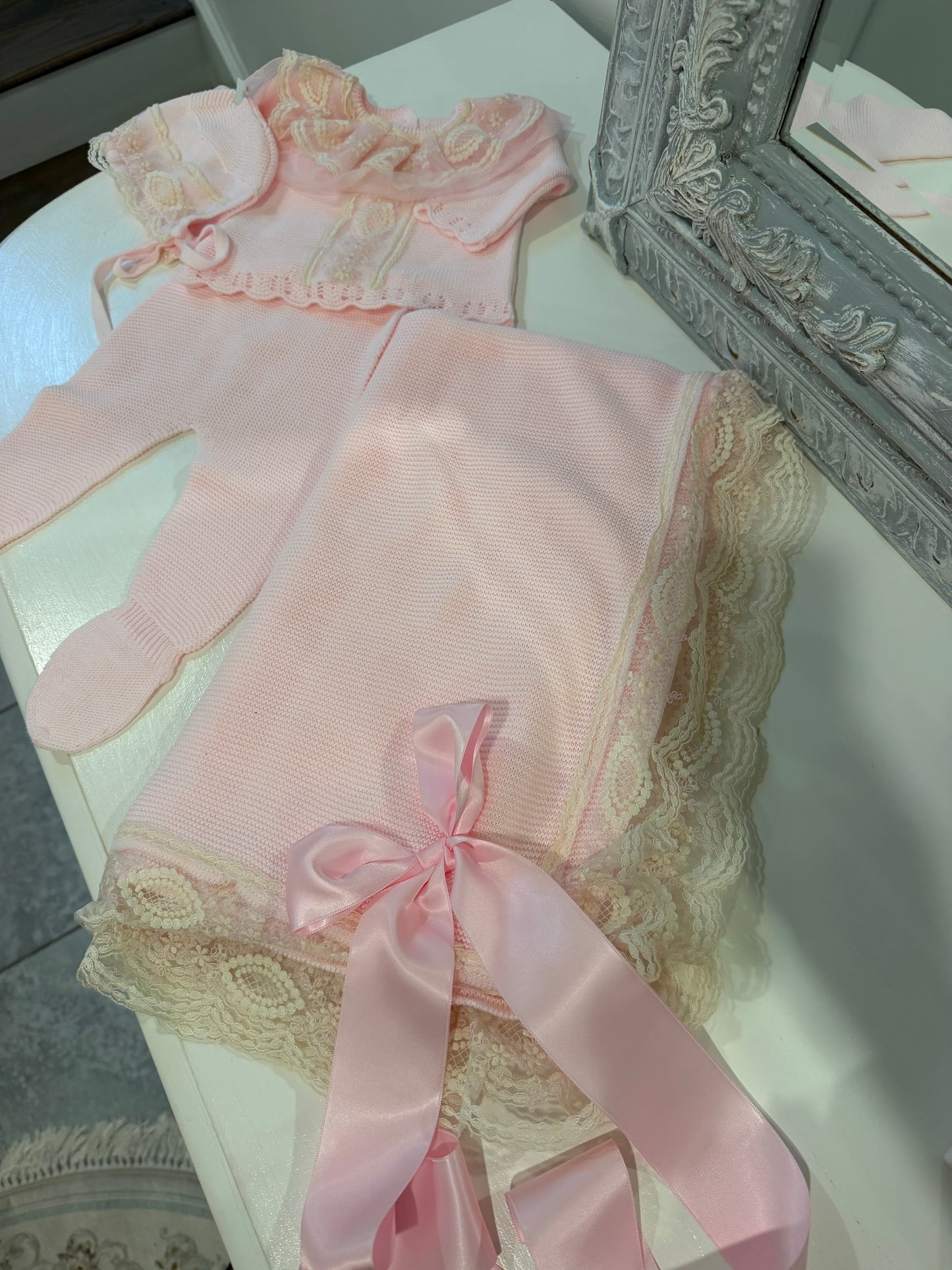 Pink & Ivory Lace Ruffled Spanish Knit Set