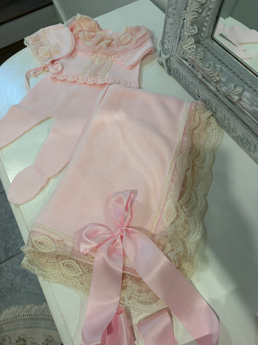 Pink & Ivory Lace Ruffled Spanish Knit Set