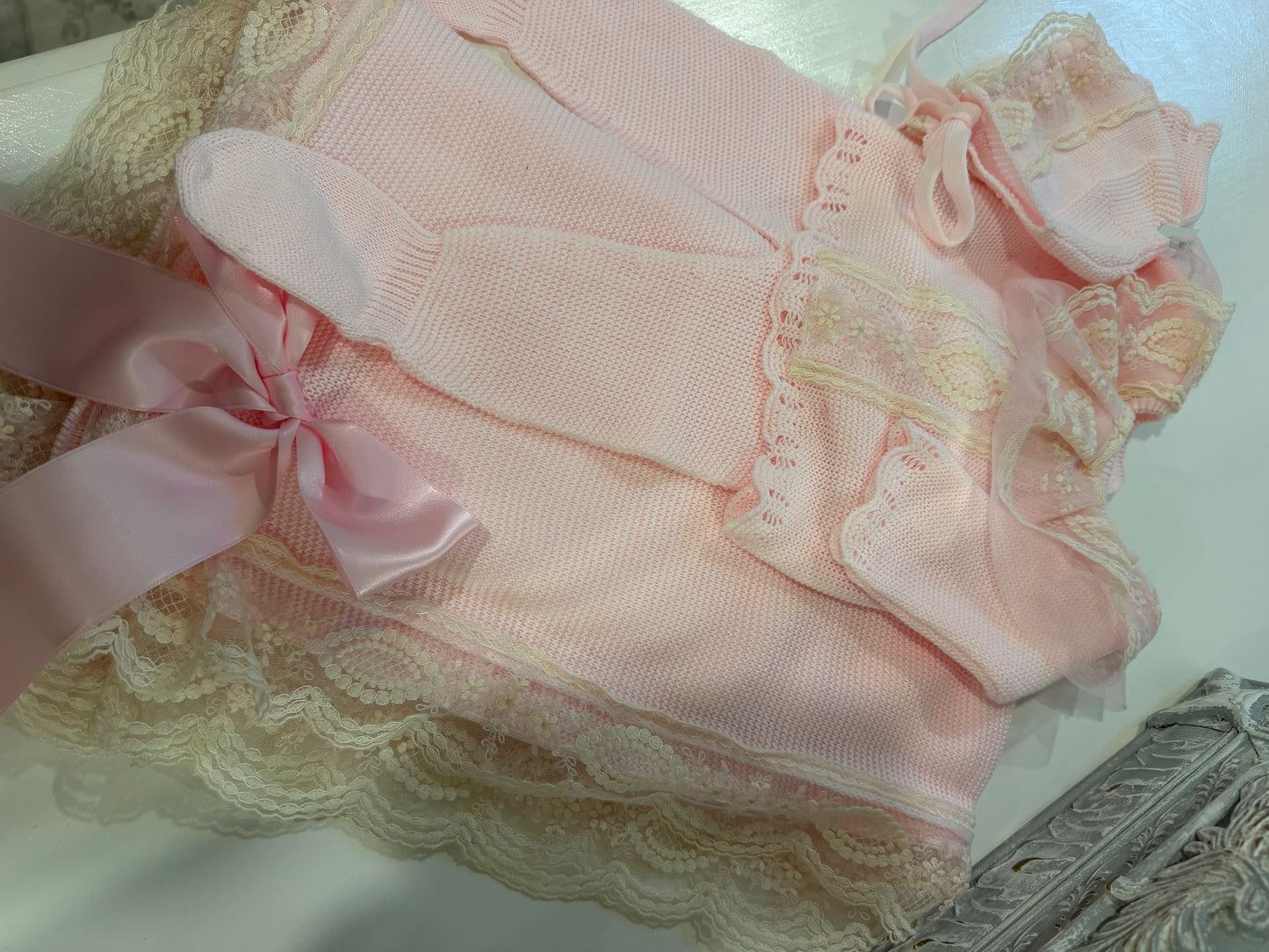 Pink & Ivory Lace Ruffled Spanish Knit Set