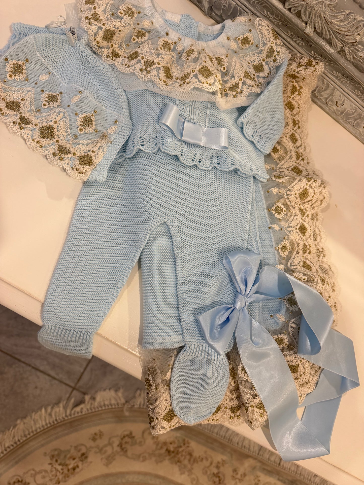 Blue & Gold Lace Ruffled Spanish Knit Set