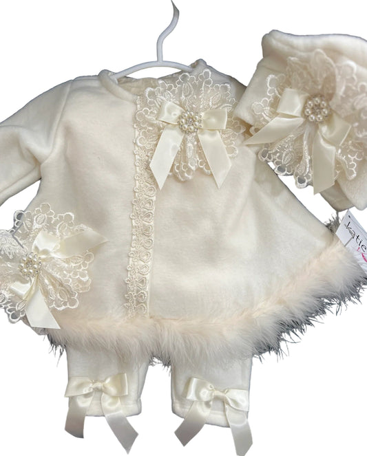 Ivory Pants Set with Marabou Trim